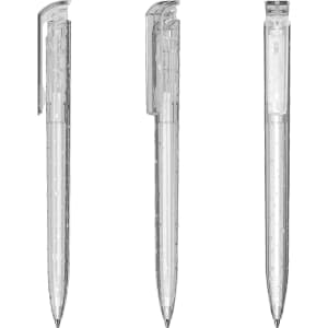 A transparent plastic pen featuring a sleek design, shown from multiple angles. It has a clip and a shiny tip.