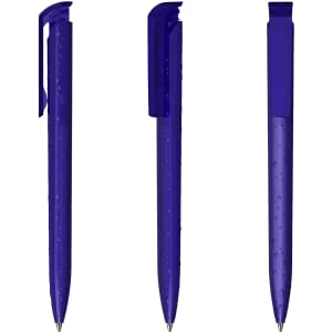 A transparent blue plastic pen with a sleek design, featuring a clip and smooth finish. It has a logo on the body.