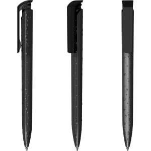 A black plastic pen with a transparent body featuring water droplets, seen from three angles.