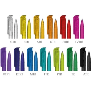 A selection of plastic pens in various colours, featuring pointed tips and a logo on each pen.
