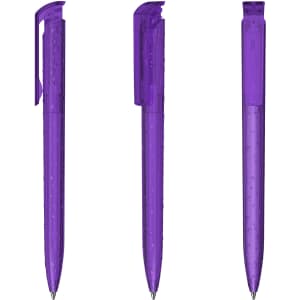 A set of three transparent purple plastic pens with clips, featuring a smooth design and a silver tip.