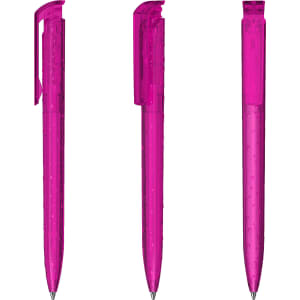 Three transparent pens in vibrant pink, featuring a sleek design and a clip on the cap. Branding is present.