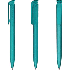 A set of three transparent teal plastic pens with a clip design. Each pen has a distinctive shape and finish.