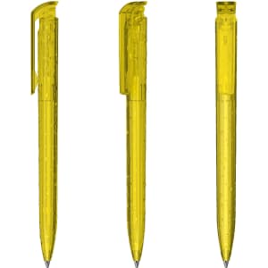 A set of three transparent yellow plastic pens with clips and a visible ink cartridge inside. Each pen has a unique position.