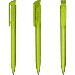 A set of three transparent green plastic pens with a sleek design and clip feature. Each pen has a shiny finish.