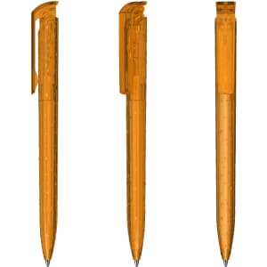 Three transparent orange plastic pens displayed from different angles, featuring a clip and a shiny black tip.