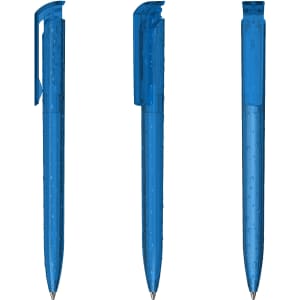 A set of three transparent blue plastic pens with a sleek design and clip attachment. Each pen features a smooth barrel.