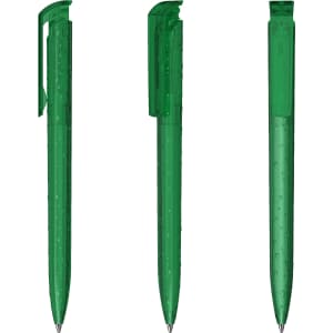 Three transparent green plastic pens with a sleek design and clip feature. Each pen is displayed from different angles.