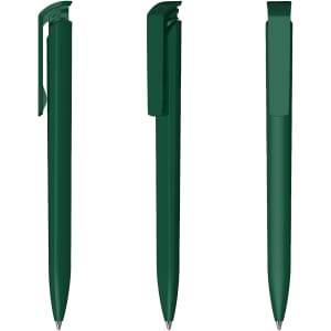 Three green plastic pens displayed from different angles, featuring a clip and smooth barrel design.