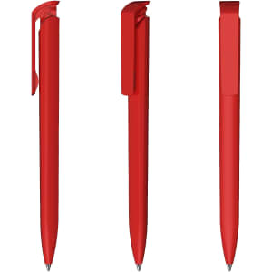 A set of three red plastic pens displayed from different angles, featuring clips on each pen.