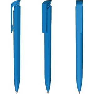 A blue plastic pen displayed from three angles, featuring a clip and a sleek design. It has a logo on the side.