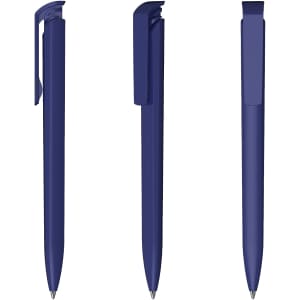 A set of three navy blue plastic pens with a sleek design and clip feature. Each pen has a smooth finish.
