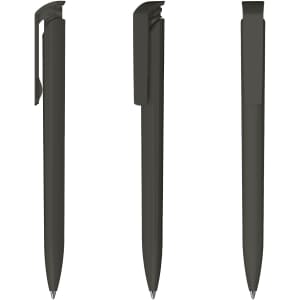 A set of three dark green plastic pens with clips, displaying different angles of the design.