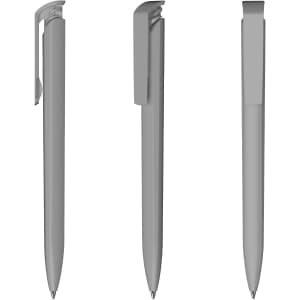 Three grey plastic pens showcasing different angles and a clip, featuring a minimalistic design.