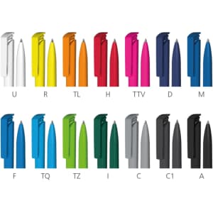 A collection of plastic pens in various colours, featuring different styles and a logo on each pen.