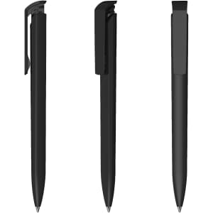 A black plastic pen with a sleek design, featuring a clip and a smooth writing tip, shown from multiple angles.