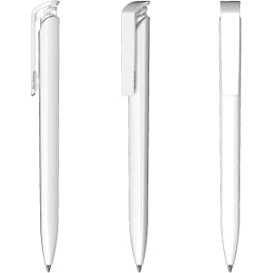 A collection of three sleek white plastic pens with a clip and a minimalist design, featuring a logo.