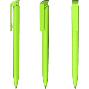 A set of three bright green plastic pens, featuring a clip and a smooth pen tip. The product has a logo.