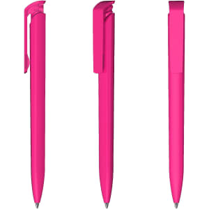 A set of bright pink plastic pens displayed from three different angles, featuring a clip and a branding logo.