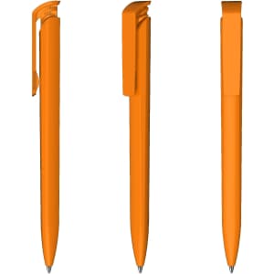 A set of three orange plastic pens displayed from different angles. Each pen features a clip and a smooth design.