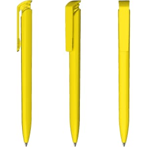 Three yellow plastic pens with a sleek design, featuring clips for attachment and a glossy finish.