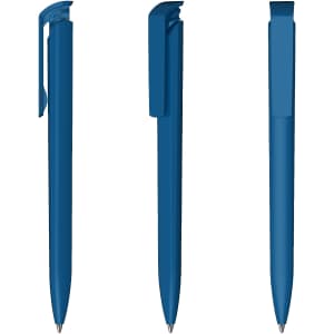 A set of three blue pens with a simple design, featuring clips and smooth writing tips. Each pen has a uniform colour.