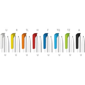A selection of plastic pens in various bright colours, featuring metallic tips and branding.