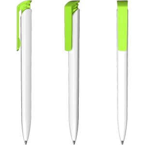 A white pen with a green clip, displayed from three angles. The pen features a simple design and has a logo.