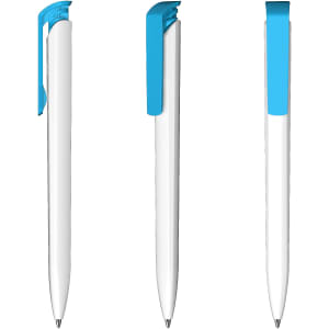 A set of three plastic pens featuring a white body and a blue clip, displaying different angles.
