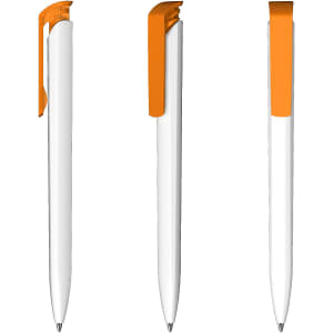 A white pen with an orange clip and tip, featuring a sleek design. The image shows multiple angles of the pen.