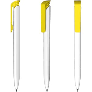 A white plastic pen with a yellow clip, displayed from multiple angles, featuring a branded logo.