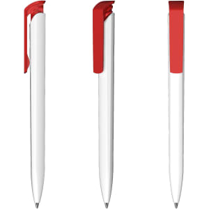 A plastic pen with a white body and a red clip. The pen is displayed from three angles.