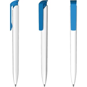 A white pen with a blue clip and tip, featuring a sleek design and an antibacterial element. The pen has a logo.