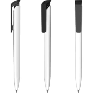 A set of three plastic pens in white with black clips, featuring a sleek, minimalist design. Each pen has a logo.