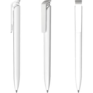 A trio of white plastic pens with a sleek design and clip, featuring a logo on one pen.