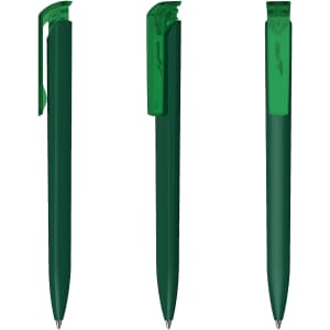 A green plastic pen with a high gloss finish and a clip, displayed from multiple angles.