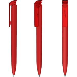 A set of three red plastic pens with a high gloss finish and clips for attachment, featuring a logo.