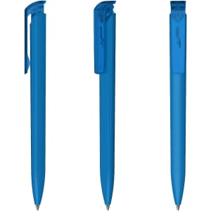 A set of three blue plastic pens with a high gloss finish, featuring clips and a smooth barrel design.