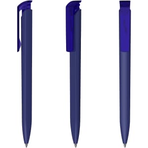 A set of three blue plastic pens with a glossy finish and a clip on top. Each pen features a logo.