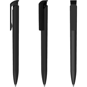 A set of three black plastic pens featuring a sleek, high-gloss finish and a clip for attachment.