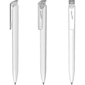 A set of three Trias High Gloss Transparent plastic pens in white, featuring a clip and sleek design.