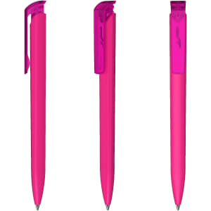 A set of three pink plastic pens featuring a high gloss finish and transparent caps. Each pen has a clip and a logo.