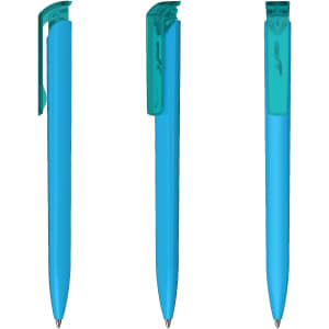 A set of three high gloss transparent plastic pens in a vibrant blue colour with teal accents.