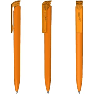 Three plastic pens in high gloss transparent orange, featuring a clip and a sleek design. Each pen showcases a shiny finish.
