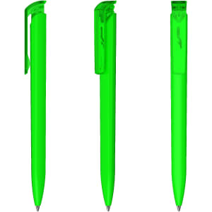 A high gloss transparent green plastic pen with a clip, displayed from multiple angles.