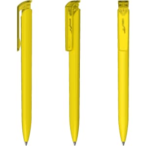 A set of three high-gloss transparent yellow plastic pens with clips.