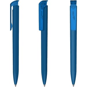 A blue plastic pen with a high-gloss finish, featuring a clip and a smooth barrel. Includes branding on the pen.
