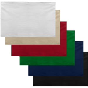 A set of cotton tea towels in white, beige, red, green, navy, and black, featuring a logo.