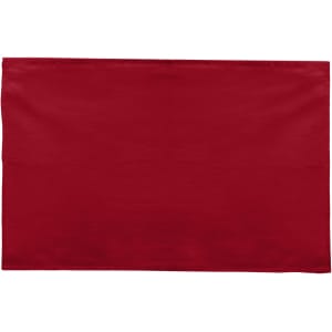 A red cotton tea towel with a smooth surface, featuring a logo in the corner.