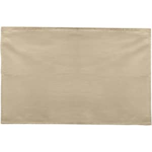 A beige cotton tea towel with a plain surface, featuring a logo in one corner.